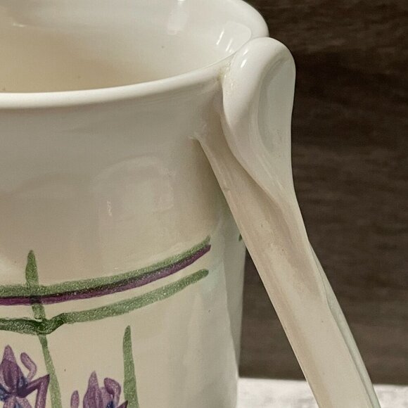 Studio Art Pottery Pitcher Hand Painted Purple Iris Flowers Handmade Signed 8" - Picture 7 of 11